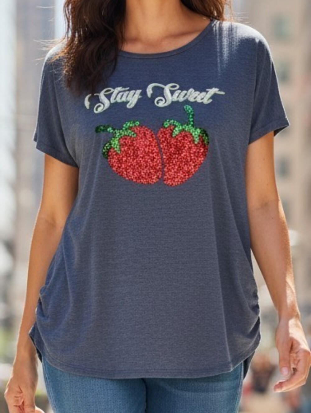 Tru Self Heather Grey "Stay Sweet" Strawberry Sequin Graphic T-Shirt Tunic